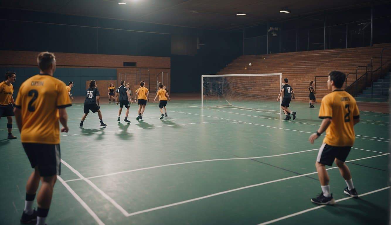 A handball court with two teams, a ball in play, and players passing and shooting towards the goal