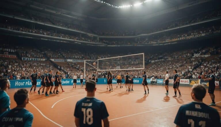 A group of players in a handball court, surrounded by cheering fans, with a scoreboard displaying the history of handball in Germany