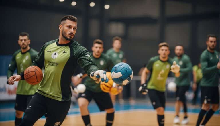 Handball goalkeepers performing training exercises