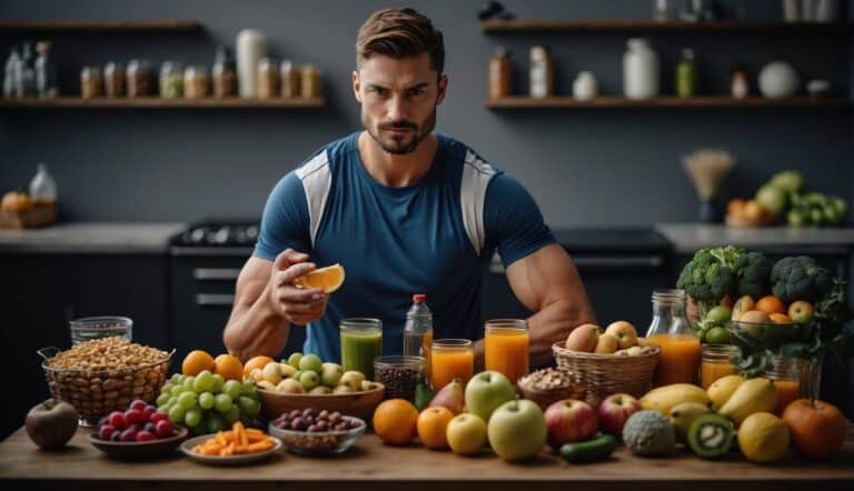 A handball player surrounded by healthy food options like fruits, vegetables, lean proteins, and whole grains. A water bottle and sports drink are also present