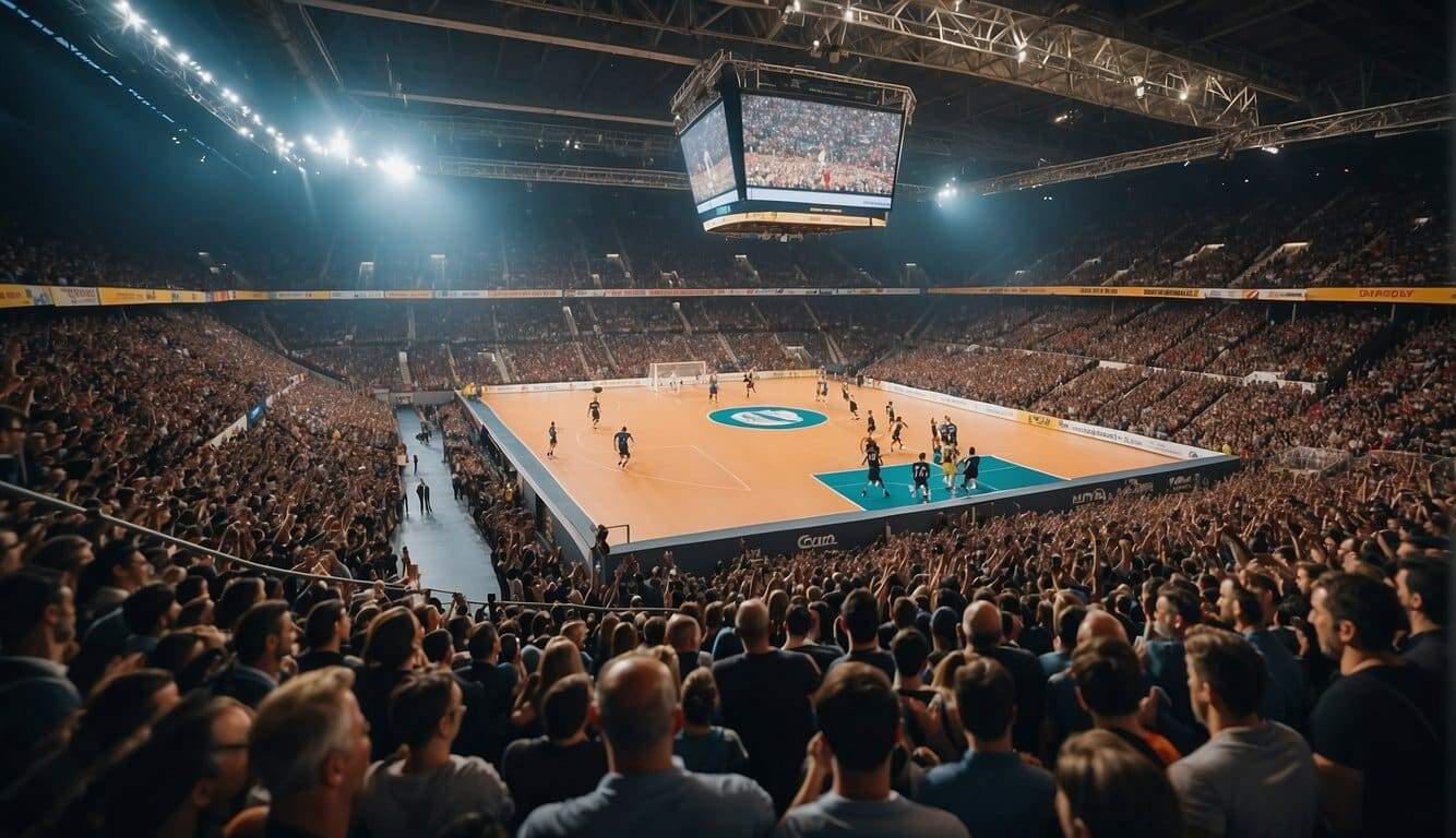 A crowded handball arena with cheering fans, players in action, and a scoreboard displaying the top handball leagues worldwide