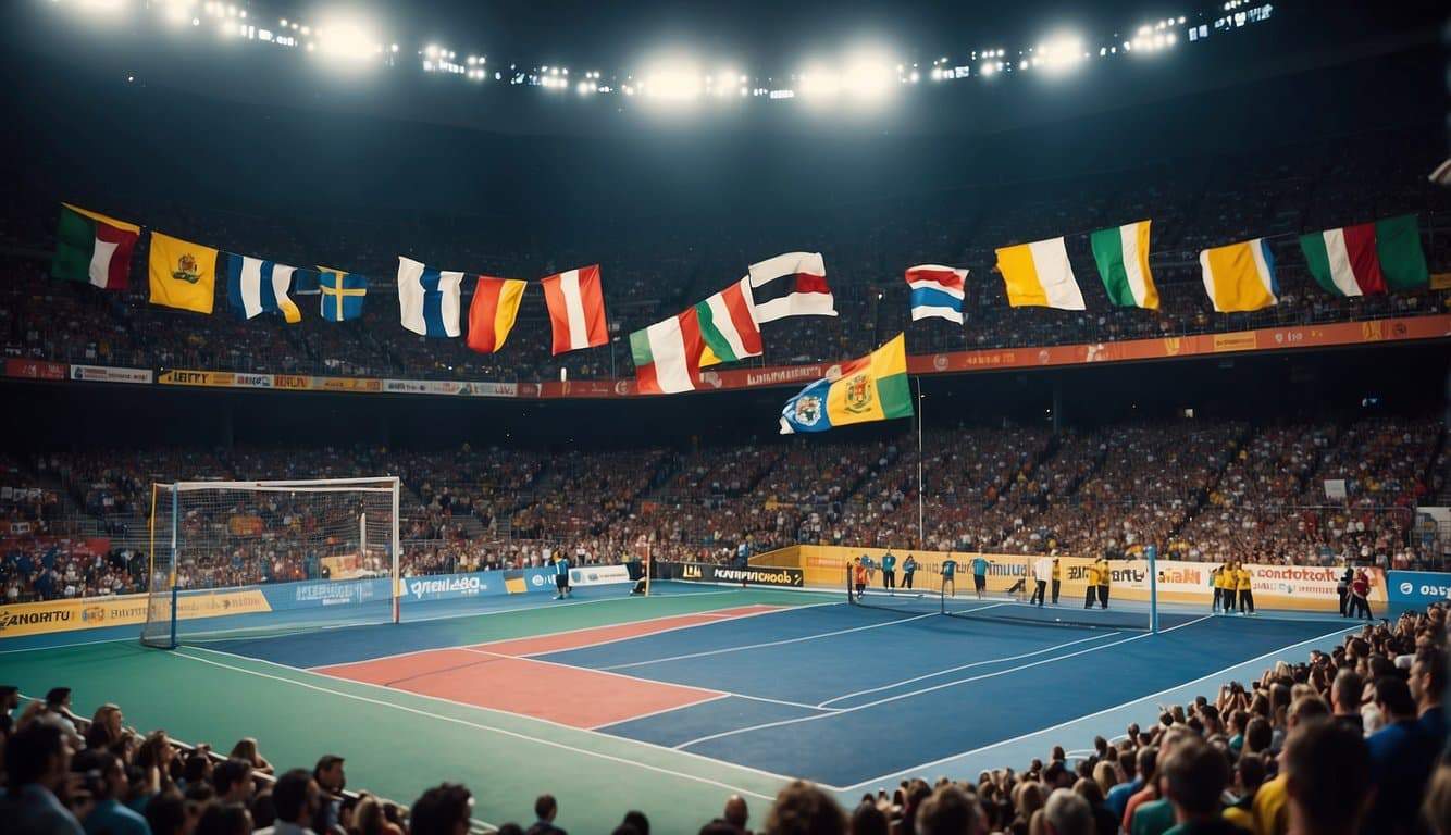 A crowded stadium with flags from around the world, a vibrant atmosphere, and intense competition on the handball court