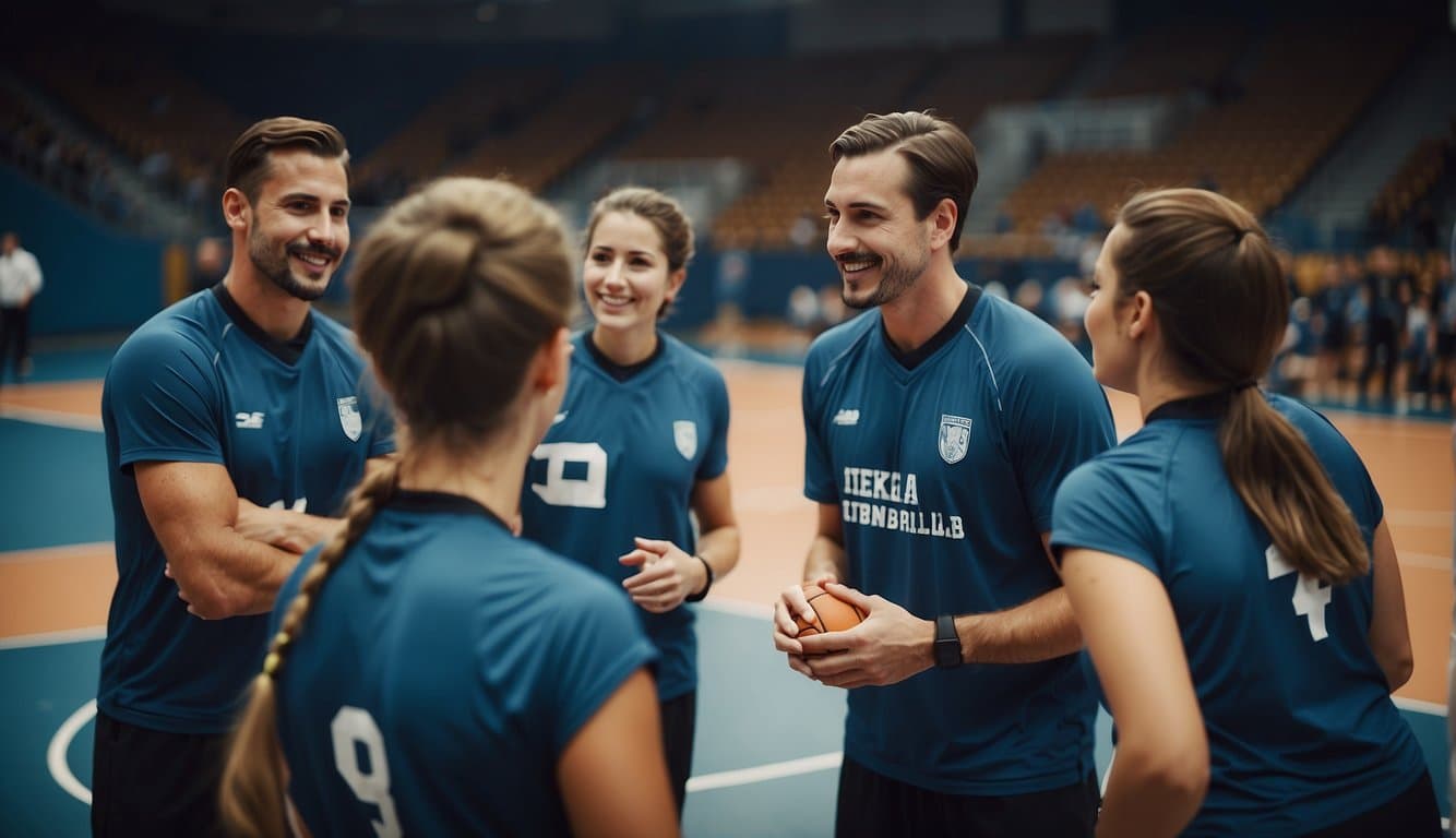 A handball team strategizing and practicing on the court, with players demonstrating teamwork, communication, and skill to achieve success