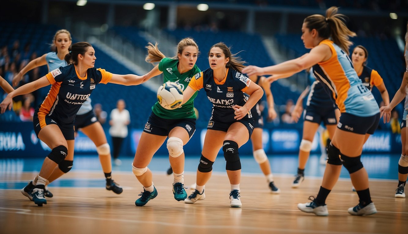 A competitive international women's handball match in progress