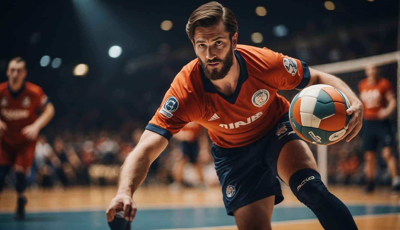 A handball player lunges to block a shot, maintaining proper form to prevent injury