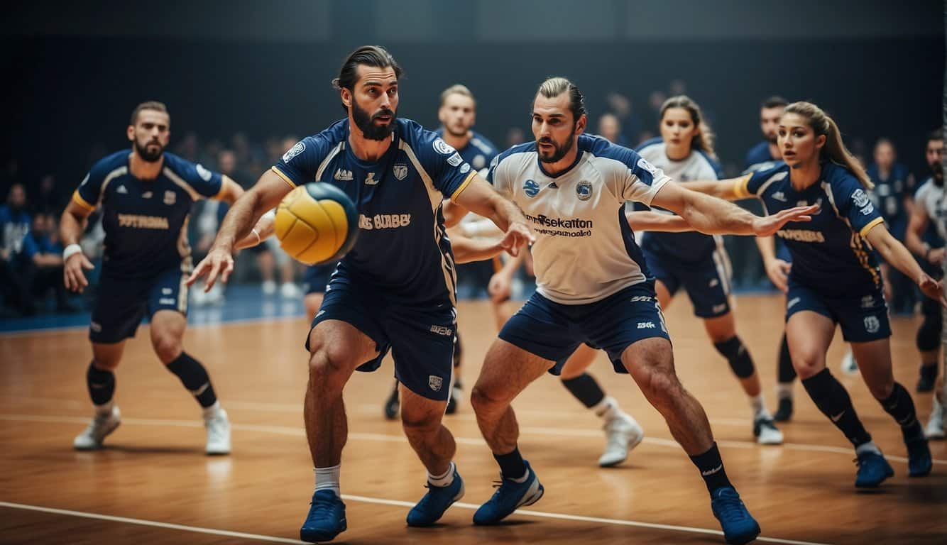 A group of famous handball players in action, with intense expressions and dynamic movements on the court