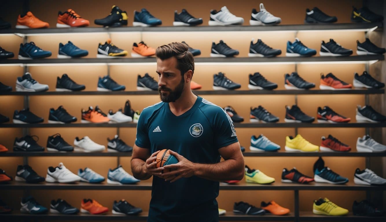 A handball player carefully selects the right shoes from a display of various options, considering fit and support