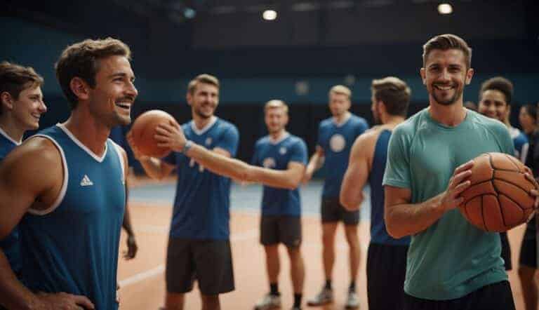 A group of people gather around a handball court, engaged in social projects within the sport. Laughter and teamwork fill the air as they work together towards a common goal