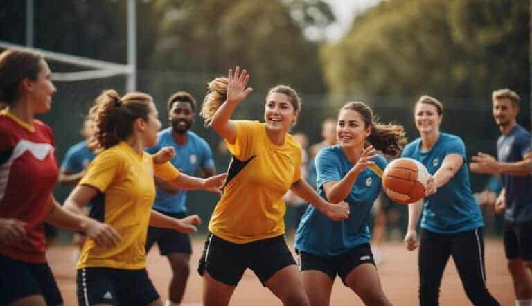 A group of people playing handball in a vibrant, outdoor setting, with spectators cheering and socializing in the background