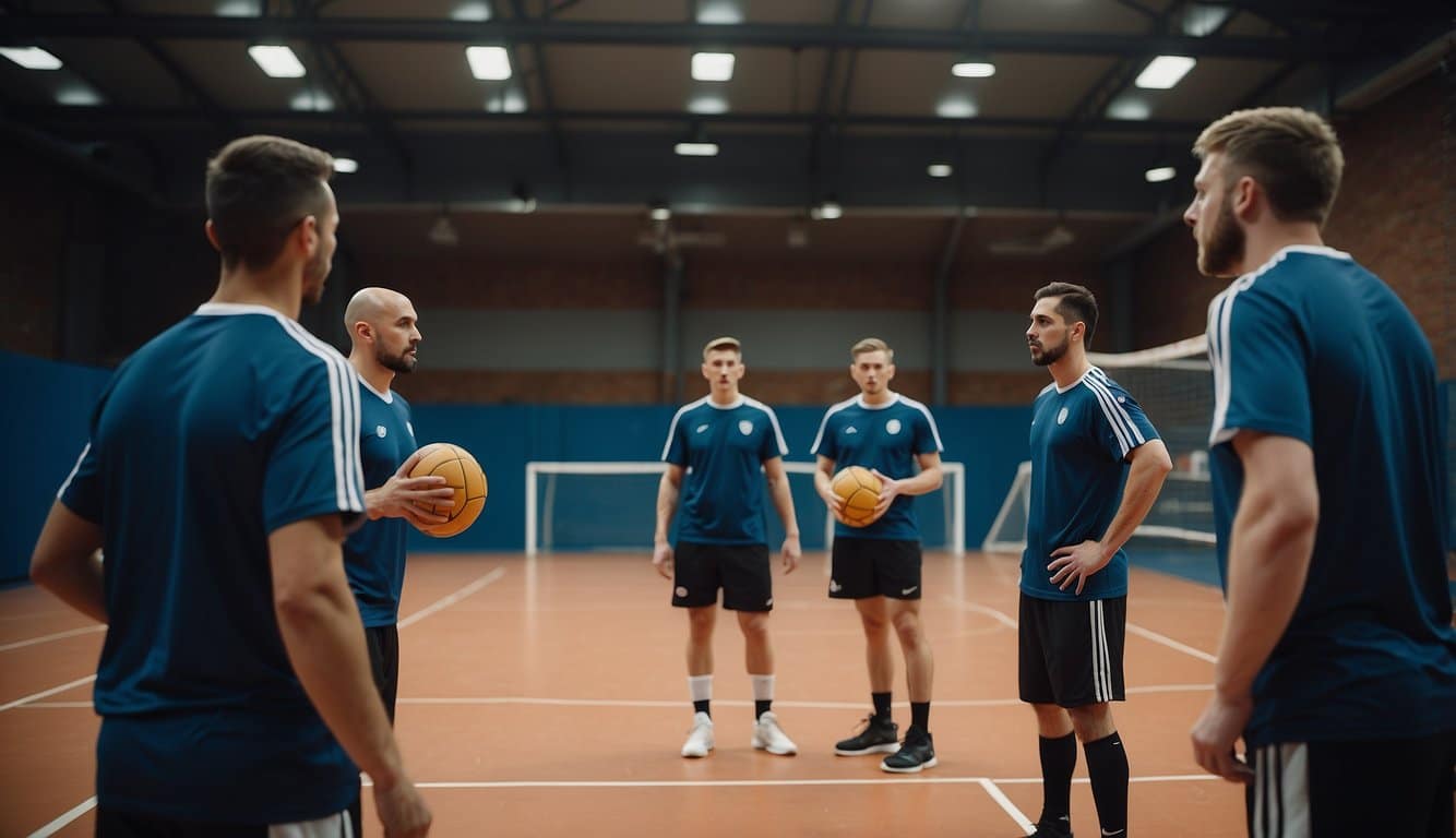 Players strategize on a handball court, executing tactics for beginners and advanced levels. The coach guides the team, emphasizing teamwork and precision