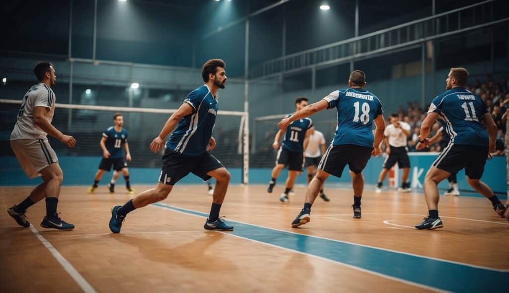 A handball court with players in motion, aiming to score