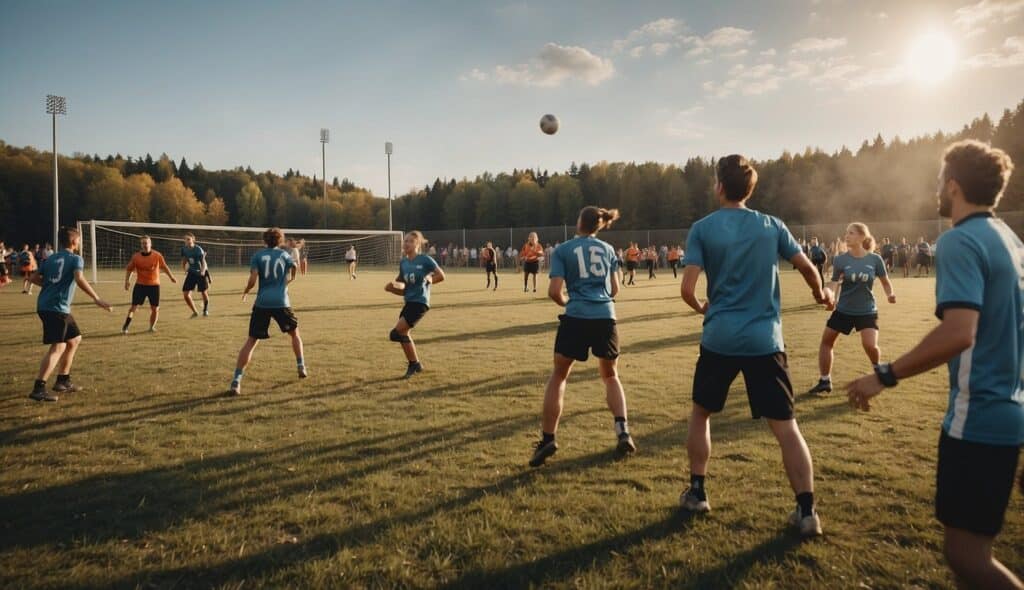 A group of people playing handball in a German field, with a crowd watching and cheering in the background