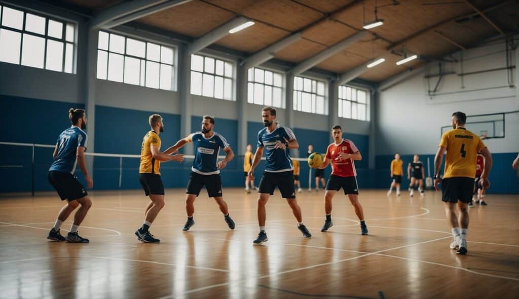 A modern handball court with players in action, showcasing the history and challenges of handball in Germany