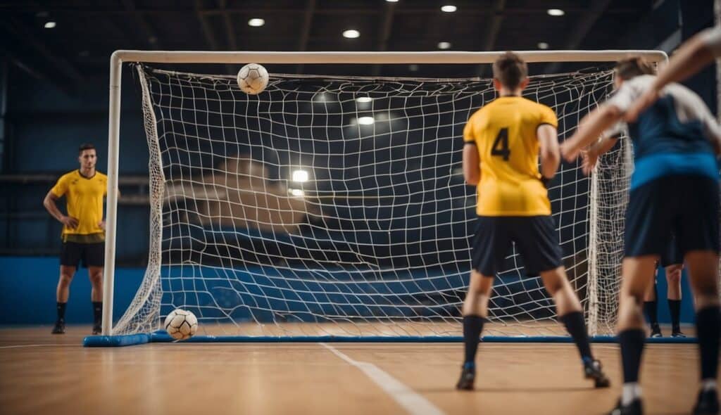 A handball goalkeeper training scene with cones, agility ladder, and goal post