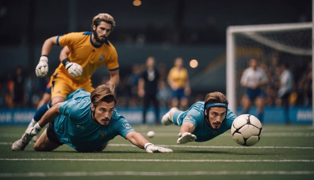 A handball goalkeeper diving to block a shot, while another goalkeeper practices footwork and agility drills in the background