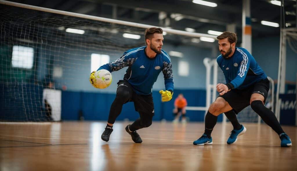 A handball goalkeeper training with various drills and exercises. Focus on agility, reflexes, and positioning within the goal area