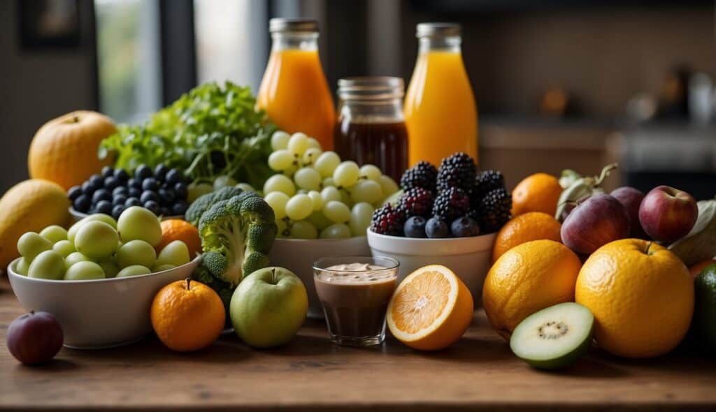 A handball player's nutrition guide with fruits, vegetables, lean protein, and whole grains on a table, alongside a water bottle and sports drink