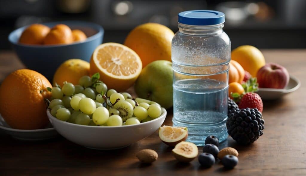 A handball player's nutrition tips, showing fluid management with water bottles, fruits, and energy bars on a table