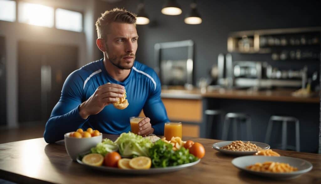 A handball player follows nutrition tips for peak performance, eating a balanced meal with lean proteins, complex carbs, and hydrating fluids