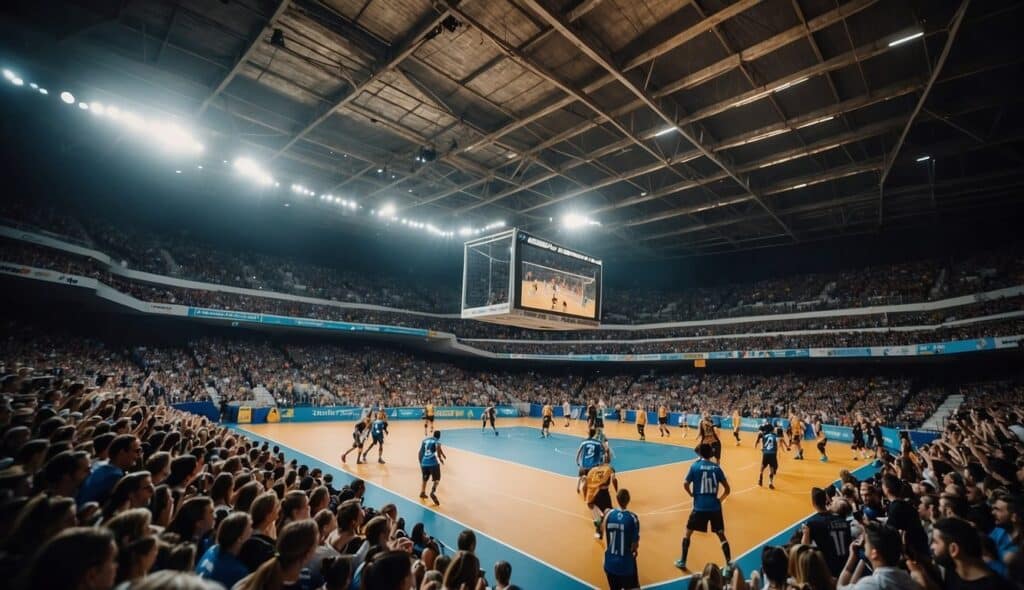 A vibrant handball arena filled with cheering fans from diverse backgrounds, showcasing the rise of non-European handball leagues on a global stage