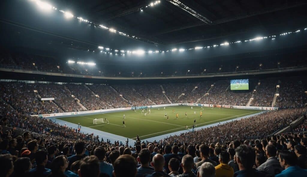 A crowded stadium with cheering fans, a fast-paced handball game in progress, players in action, and a tense atmosphere