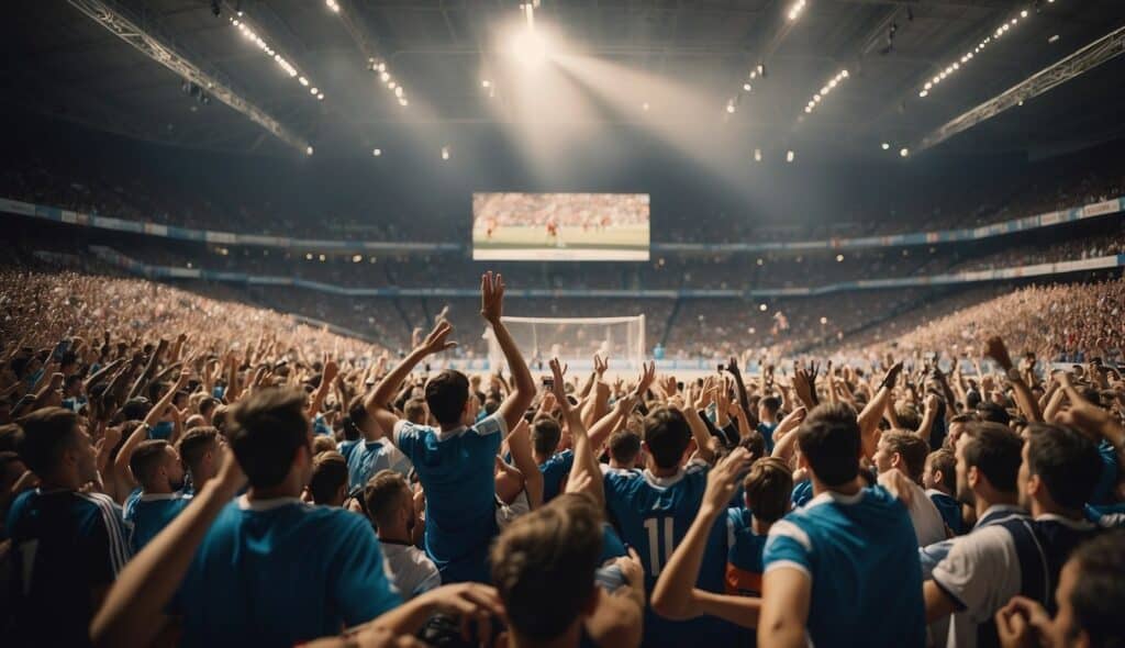 A crowded stadium with players competing on a handball court, surrounded by cheering fans and national flags