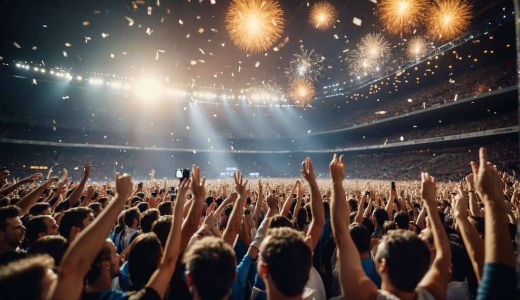 A crowded stadium erupts in cheers as legendary handball players and teams compete in the World Championship. Banners wave and the atmosphere is electric