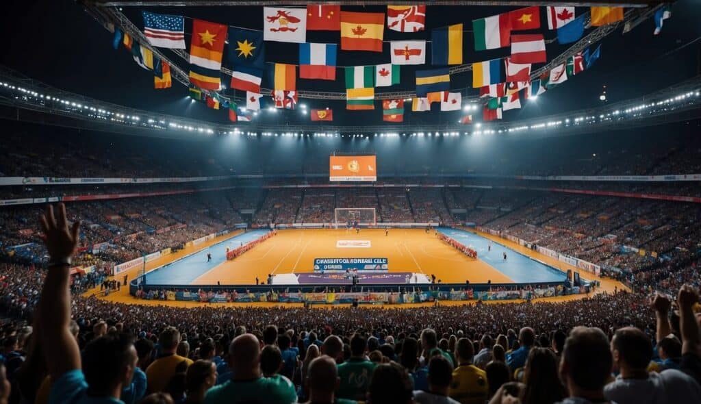 A crowded stadium with flags from around the world, a vibrant atmosphere as teams compete in the Handball World Championships