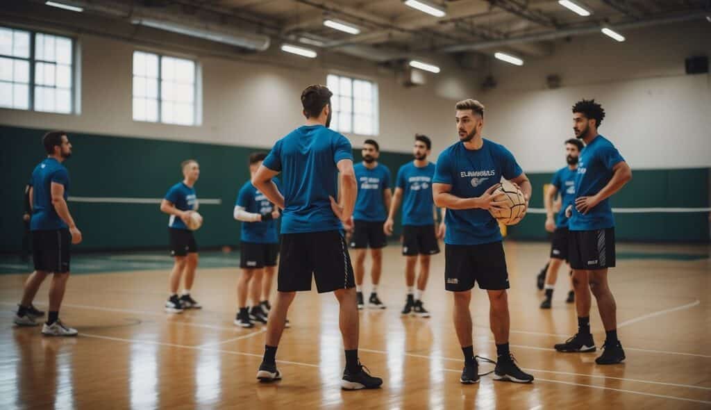 A handball team practices drills and strategies on the court, focusing on teamwork and skill development