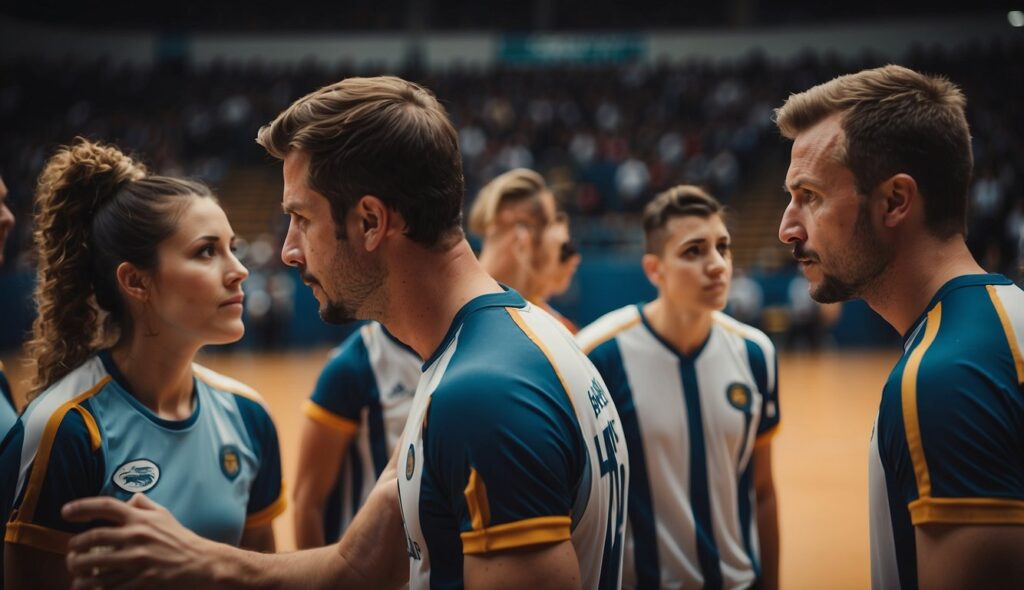 A handball team strategizing and coordinating plays on the court, with players in position and communicating effectively