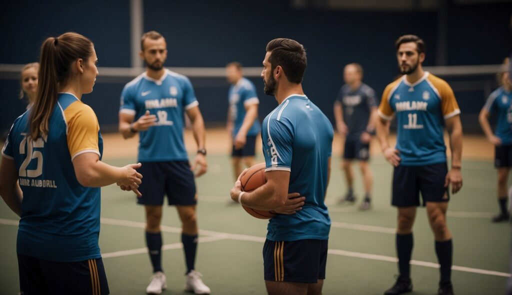 A group of handball players strategizing and training for success, facing challenges and shaping the future of the sport