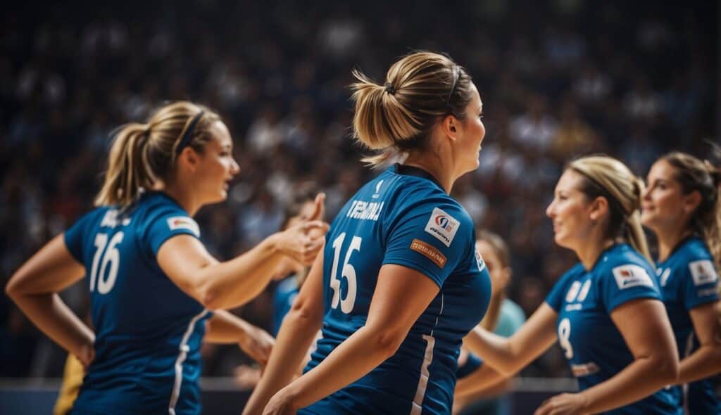 A dynamic women's handball game on an international stage, with players in action and a crowd cheering in the background