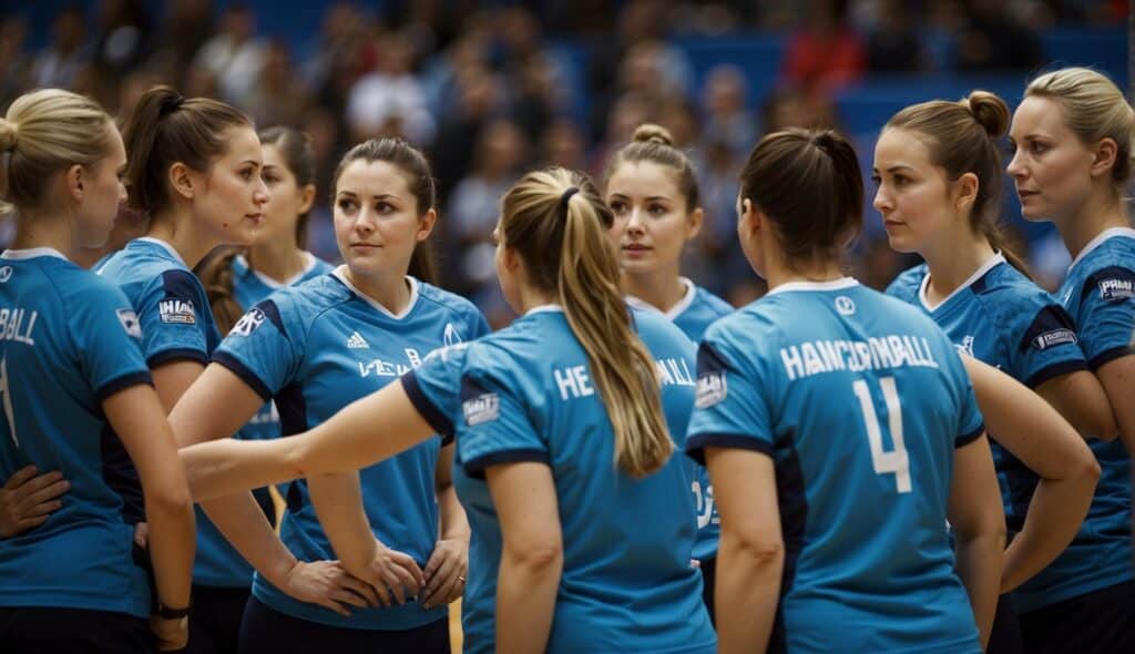 A women's handball team strategizes and lines up for an international match, showcasing their tactical prowess and teamwork