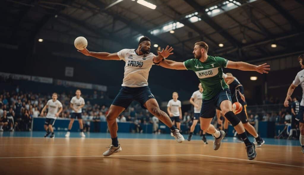 A handball player jumps to block a shot, while another player tries to intercept the ball. The court is filled with players in motion, displaying the fundamentals of injury prevention in handball