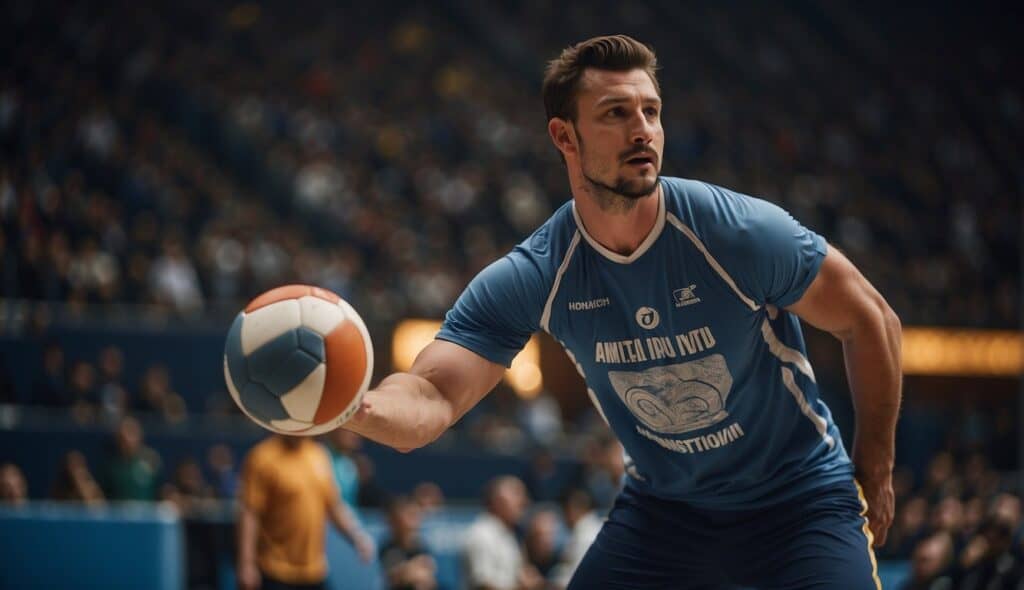 A handball player performing injury prevention exercises on the court