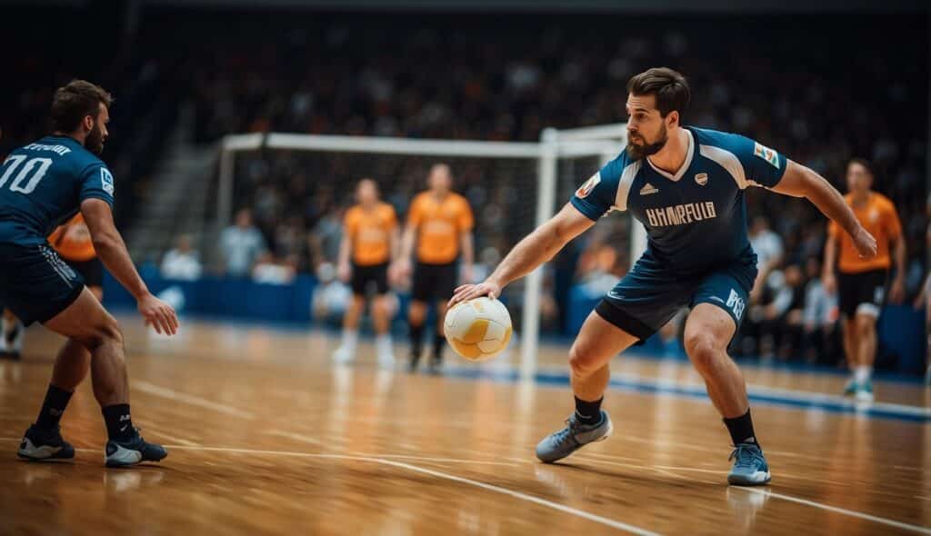 A handball player using proper technique to prevent injuries during a game