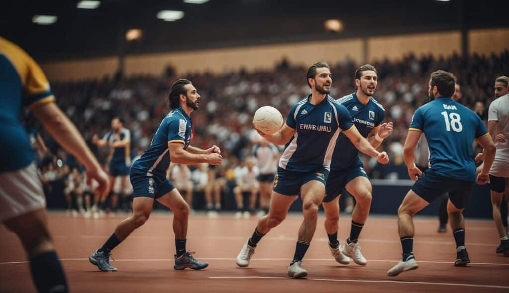 A group of historical handball players in action, with a crowd cheering in the background