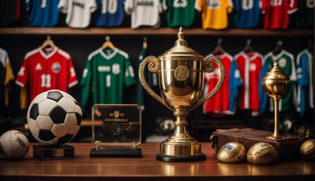 A trophy surrounded by handball equipment and historical player jerseys