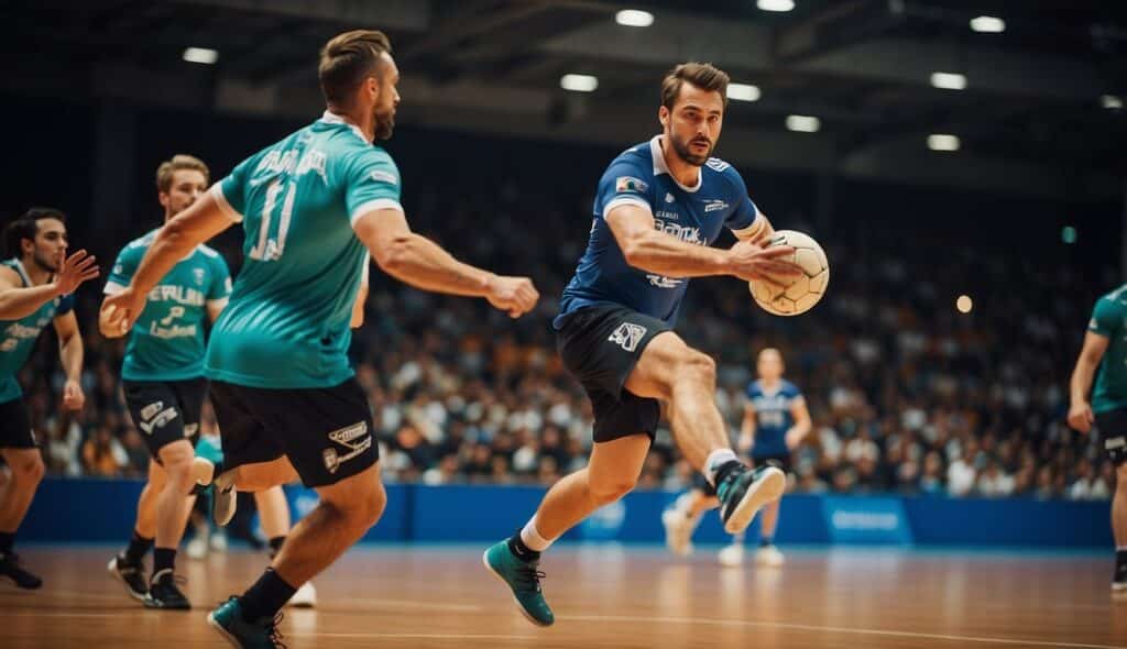 Famous handball players in action, scoring goals and making defensive plays on the court