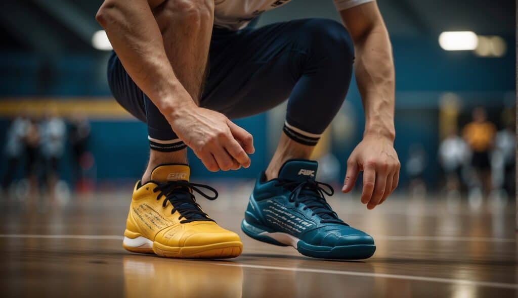 A handball player carefully selects the right shoes for stability and fit, examining the various options available