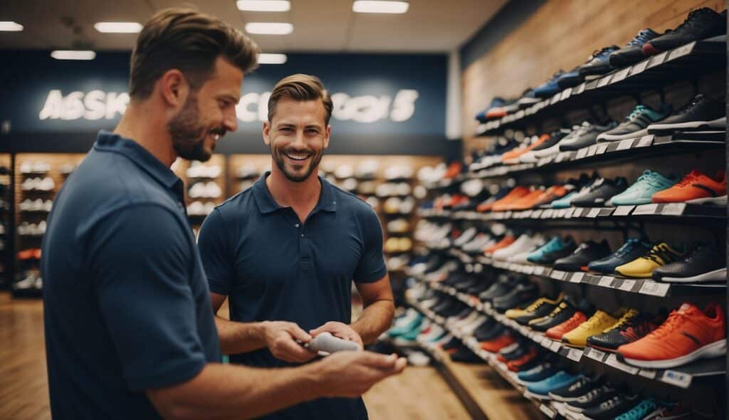 A customer receiving advice on choosing the right handball shoes from a salesperson in a sports store