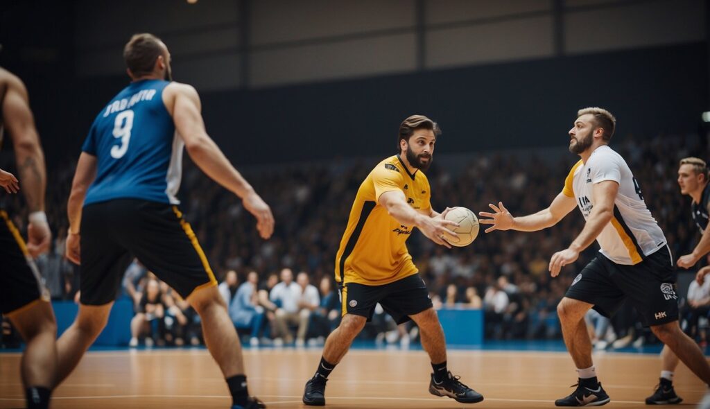 A professional handball game with players engaging in social projects off the court
