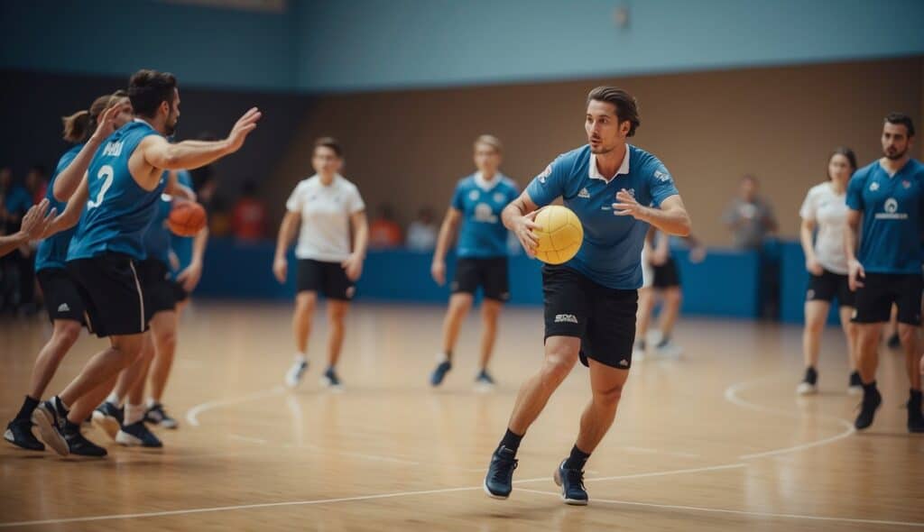 A group of people playing handball in a sports hall, with spectators cheering and socializing in the background