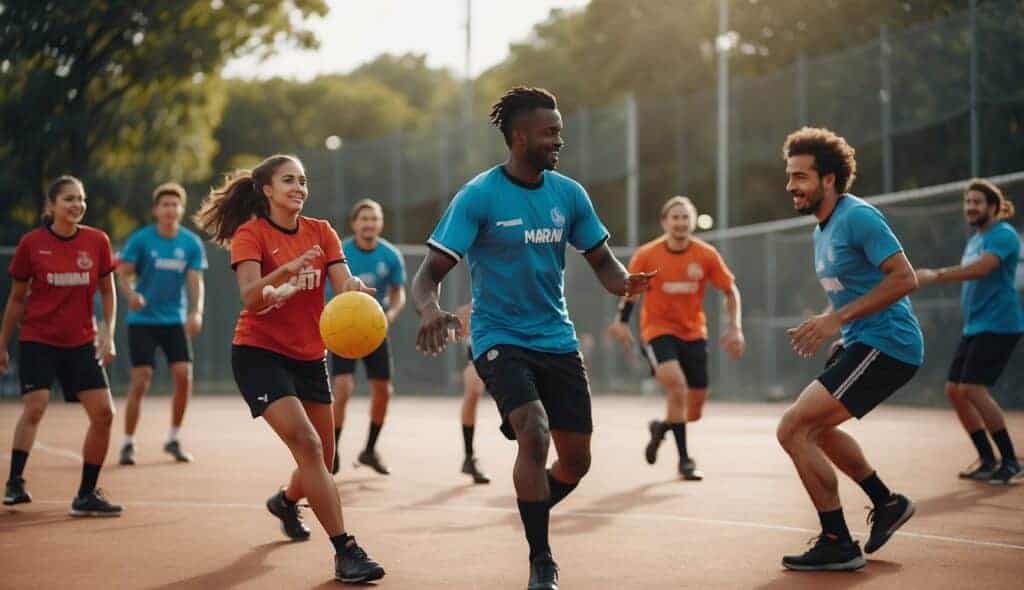 A group of people playing handball in a vibrant, bustling community setting, showcasing the sport's societal and cultural significance