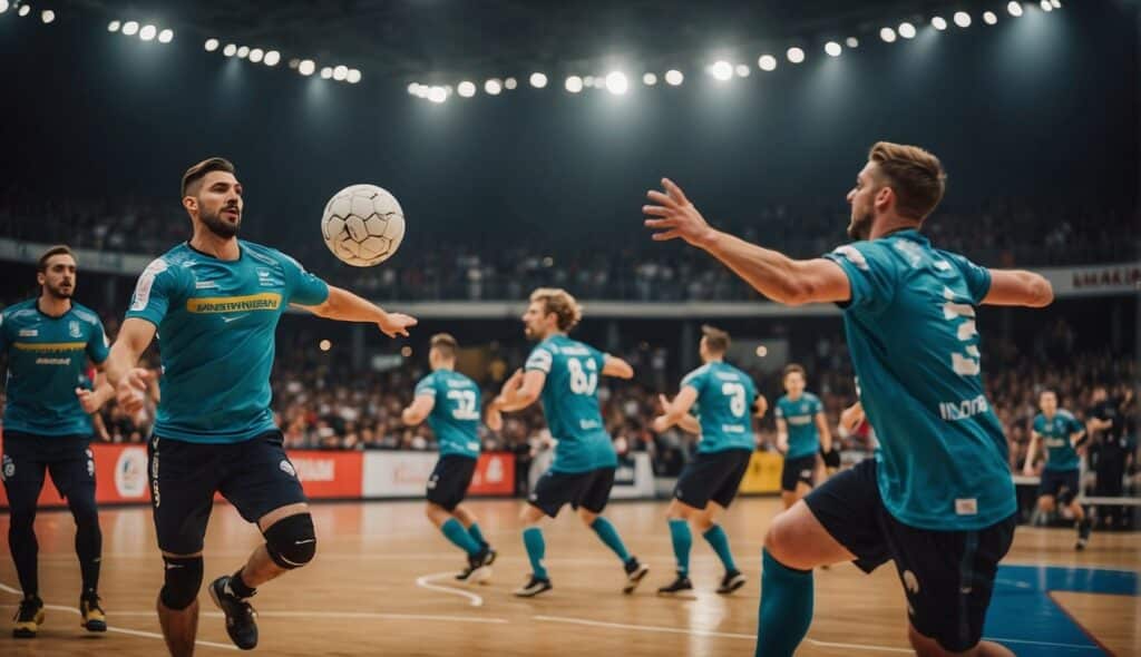 A dynamic handball game in a crowded stadium, with players in action and enthusiastic fans cheering from the stands