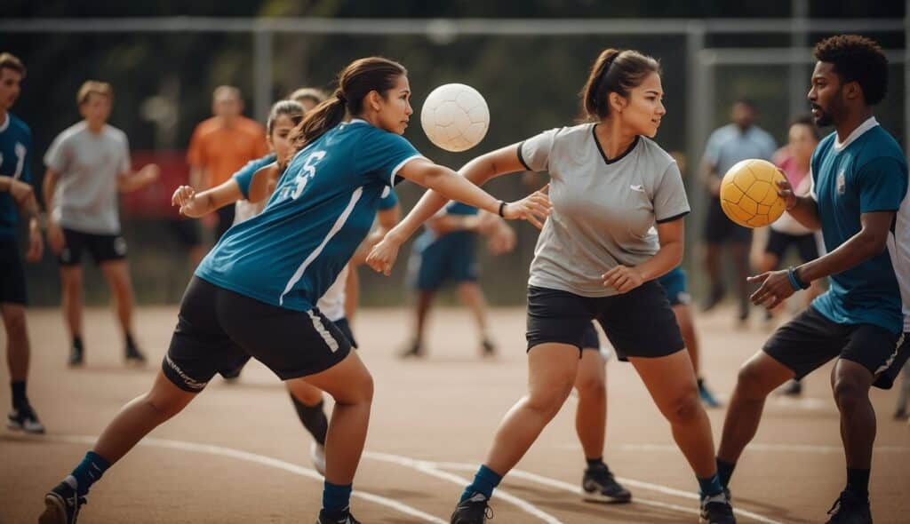 A group of people playing handball in a community setting, with a focus on teamwork, physical activity, and social interaction