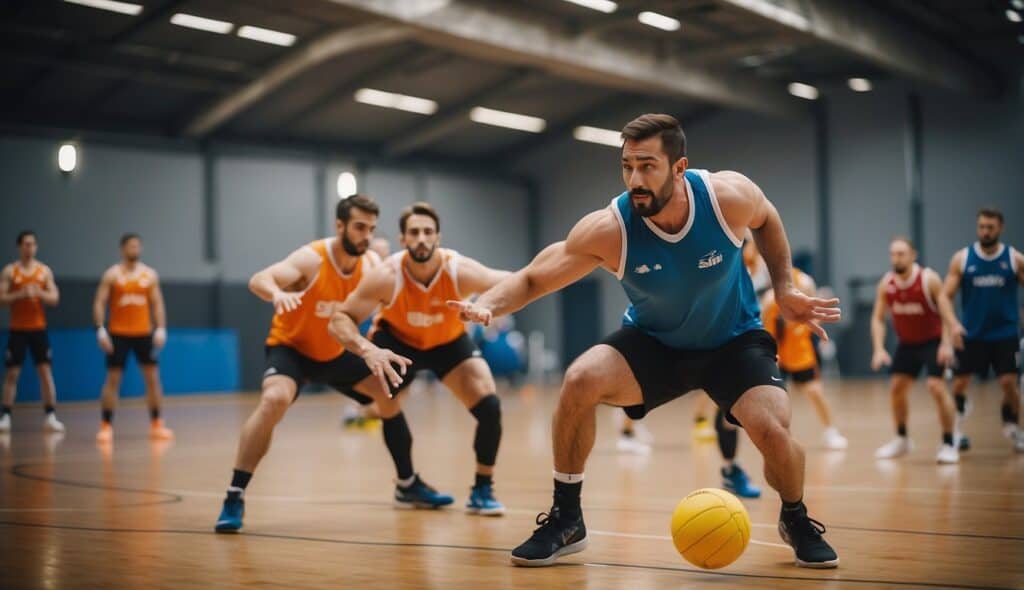 Handball players training strength and conditioning exercises on the court