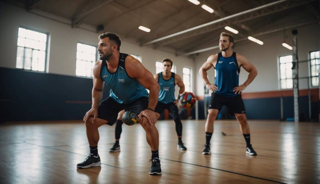 Handball players engaging in strength and conditioning training, using weights and equipment in a gym setting