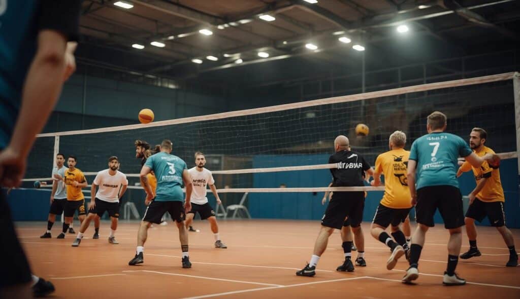 A handball court with players in various tactical formations, demonstrating beginner and advanced tactics