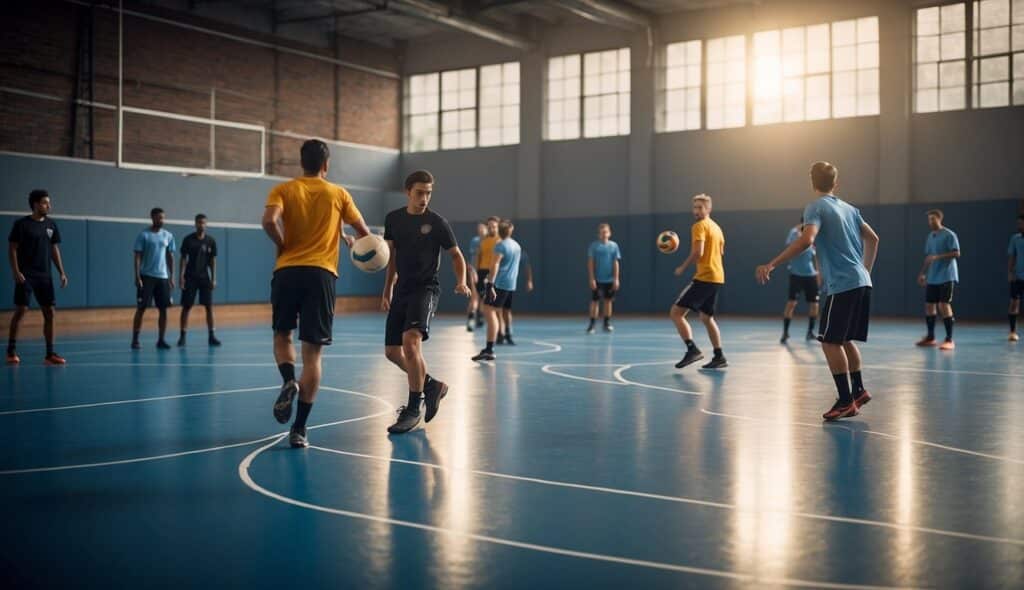 A handball court with players practicing various technical skills and tactics, including passing, dribbling, and shooting